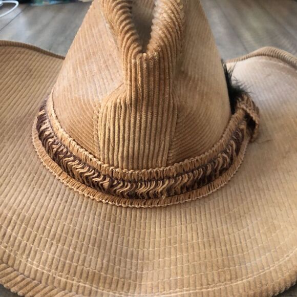Country Gentleman’s Corduroy Wide Brim Ranch Hat in Tan Feather and braid accent main image 8